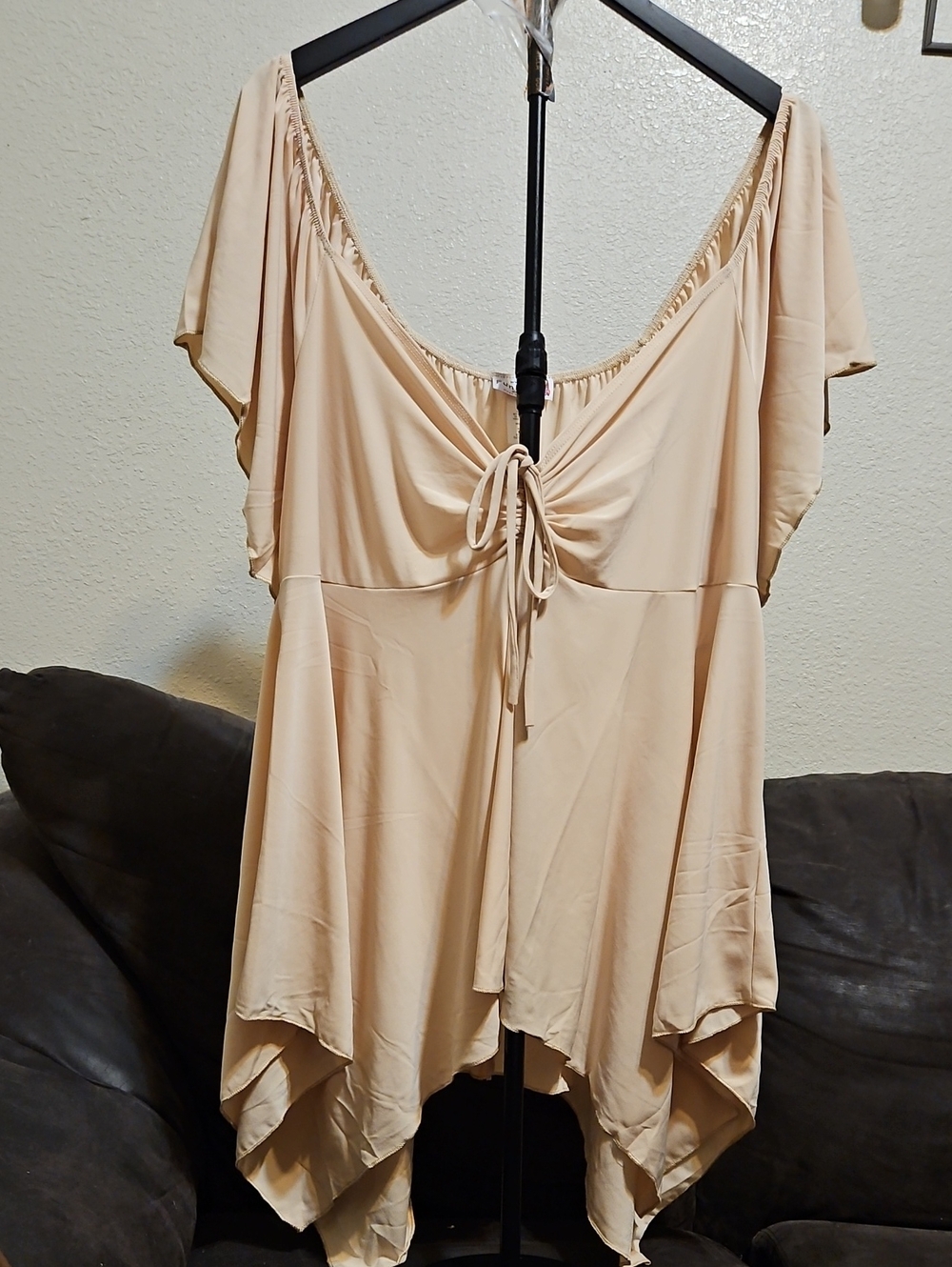 FunFash Beige Tie-Front Flutter Sleeve Tunic